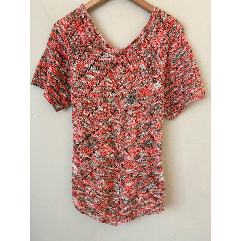 Festival Coral Grey Space Dye Pointelle Knit V-Neck Short Sleeve Sweater Top